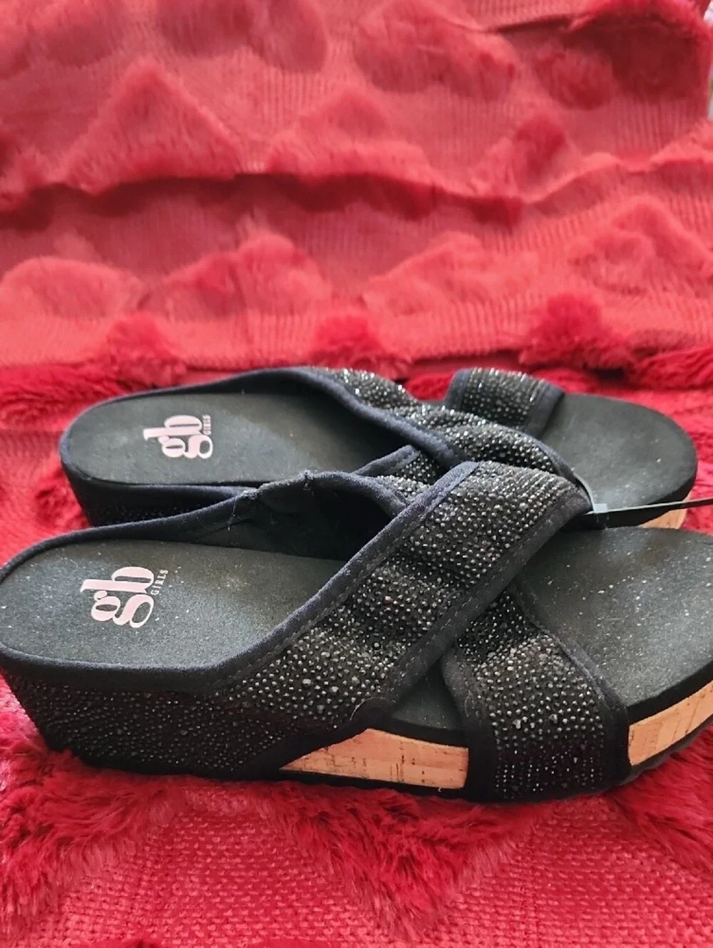 GB Girls Black Sparkle Crisscross Slide Sandals
